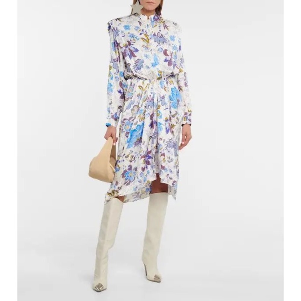 Isabel Marant Etoile Okleya Floral Shirt Dress XS Ivory Blue Midi Chic French